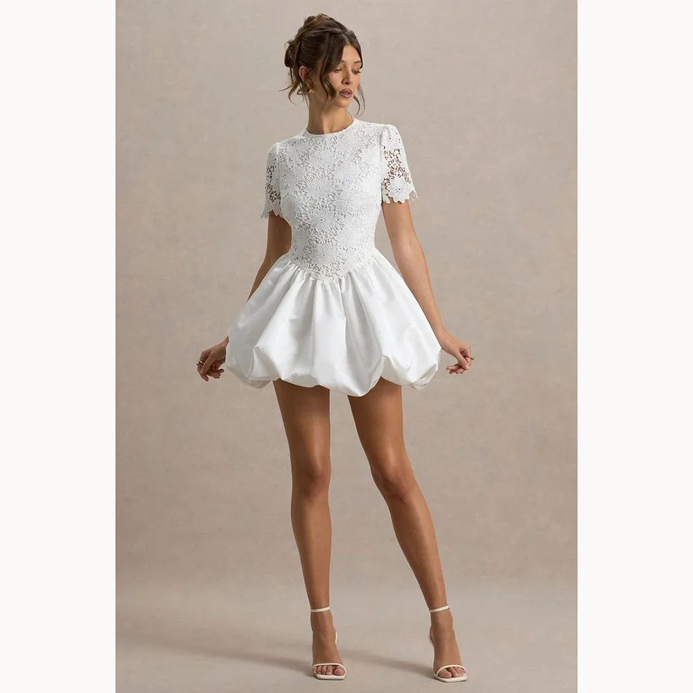 

White Women Dresses Customized Lace Satin Round Neck Mini Mermaid Gowns Puffball Simple High-quality Wedding Party Dresses