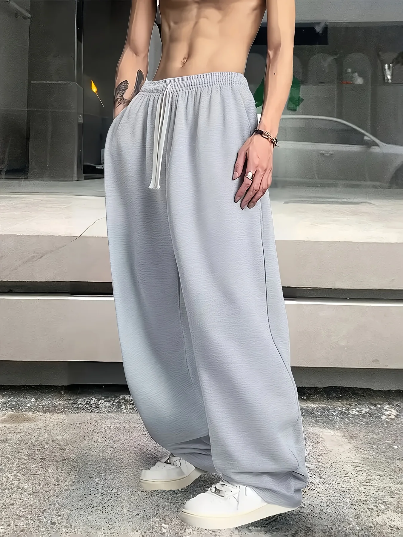 

Men's Classic Fitness Running Pants Suitable for All Seasons, Loose Straight Drawstring Waist Belt, Outdoor Casual Wear