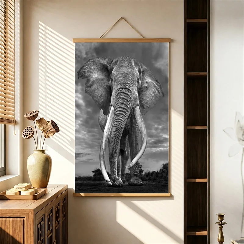 Wall Art Majestic Elephants in Black and White, Wildlife Photography Pearlescent Canvas Wall Hanging Scroll for Safari Lodge
