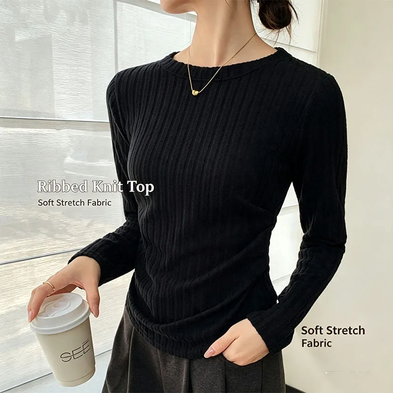 Korean Chic Knitted Ribbed T-shirt Woman Autumn Winter Warm Thin Round Collar Pullover Sweaters Female Striped Long Sleeve Tops