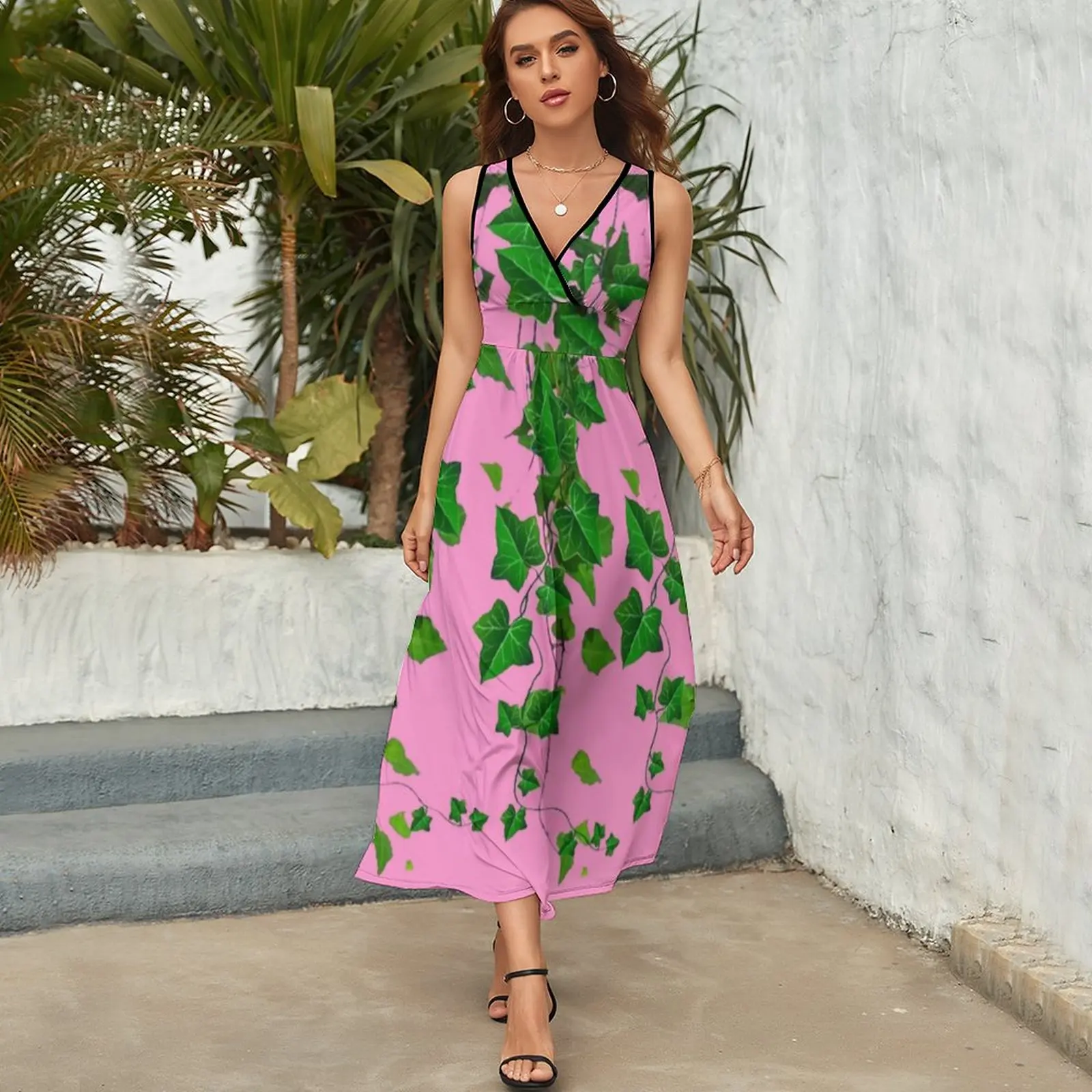 GREEN IVY HANGING LEAVES VINES PINK ART Sleeveless Dress luxury evening dresses 2023 summer dress for women 2023