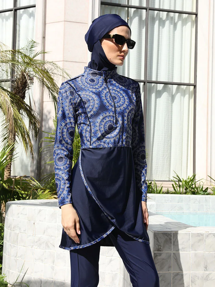 Imagem -04 - Maiô Esportivo de Mangas Compridas para Mulheres Modest Patchwork Hijab Burkinis Islâmicos Roupa de Banho Muçulmana Conjunto Pcs