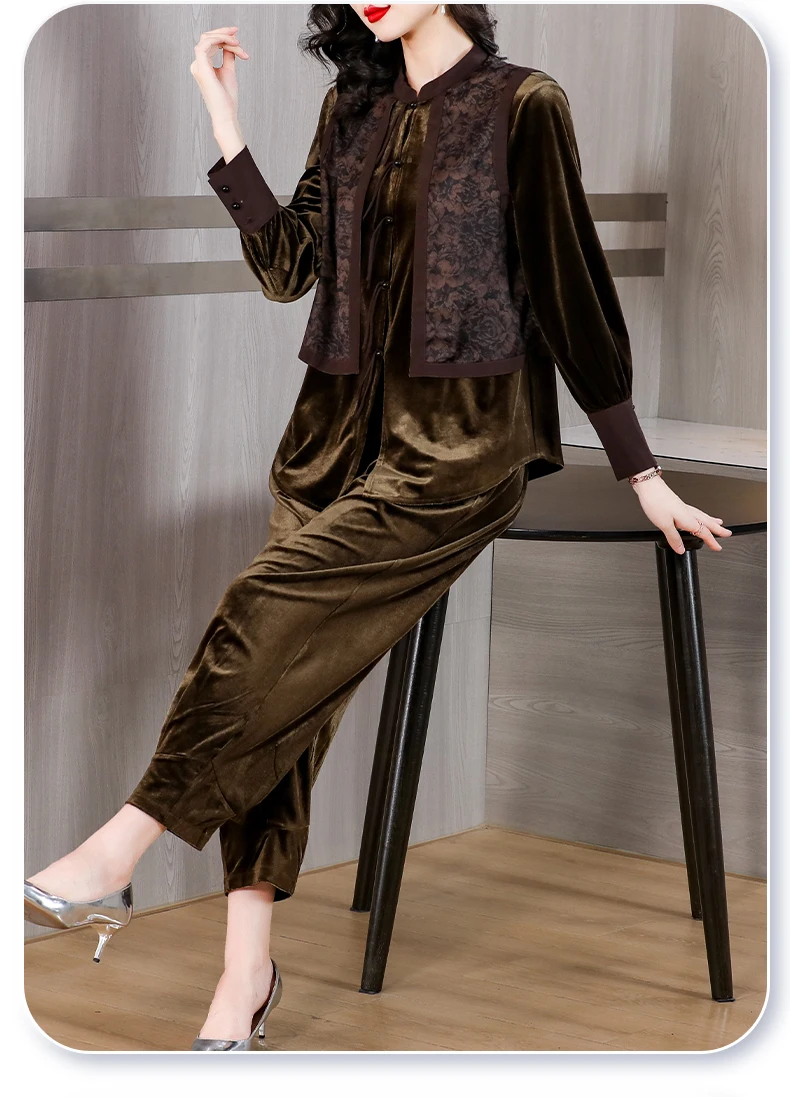 black velvet fashion chinese cheongsam suit women new loose velvet top wide leg pants two-piece daily elegant qipao set s93