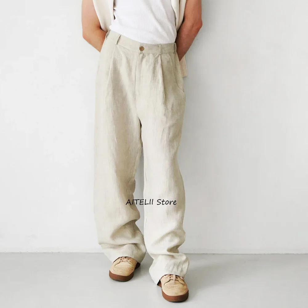 

Льняные прямые брюки мужские однотонные повседневные легкие рабочие брюки классического кроя