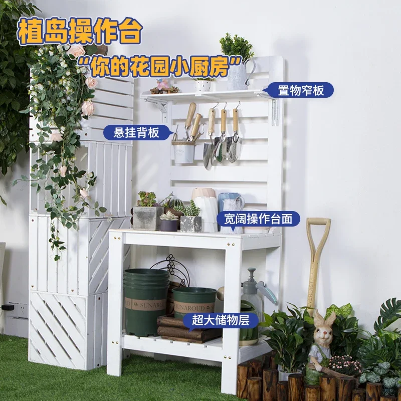 Gardening tool storage, preservative wood outdoor, garden storage, outdoor flower planting workbench