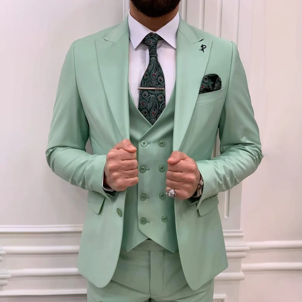 

Fashion Solid Men Suits Mint Green Elegant Peak Lapel Single Breasted 3 Piece High-end Business Casual Wedding Party Tuxedo