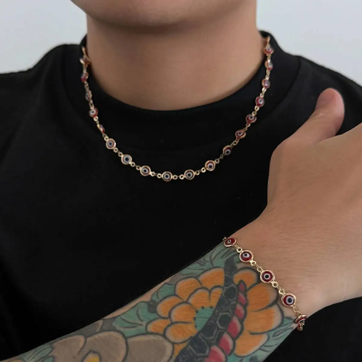 IngeSight.Z Vintage Acryl Augen Kette Einstellbare Halskette Armbänder Set Männer Punk Gold Farbe Schlüsselbein Halsband Halloween Schmuck