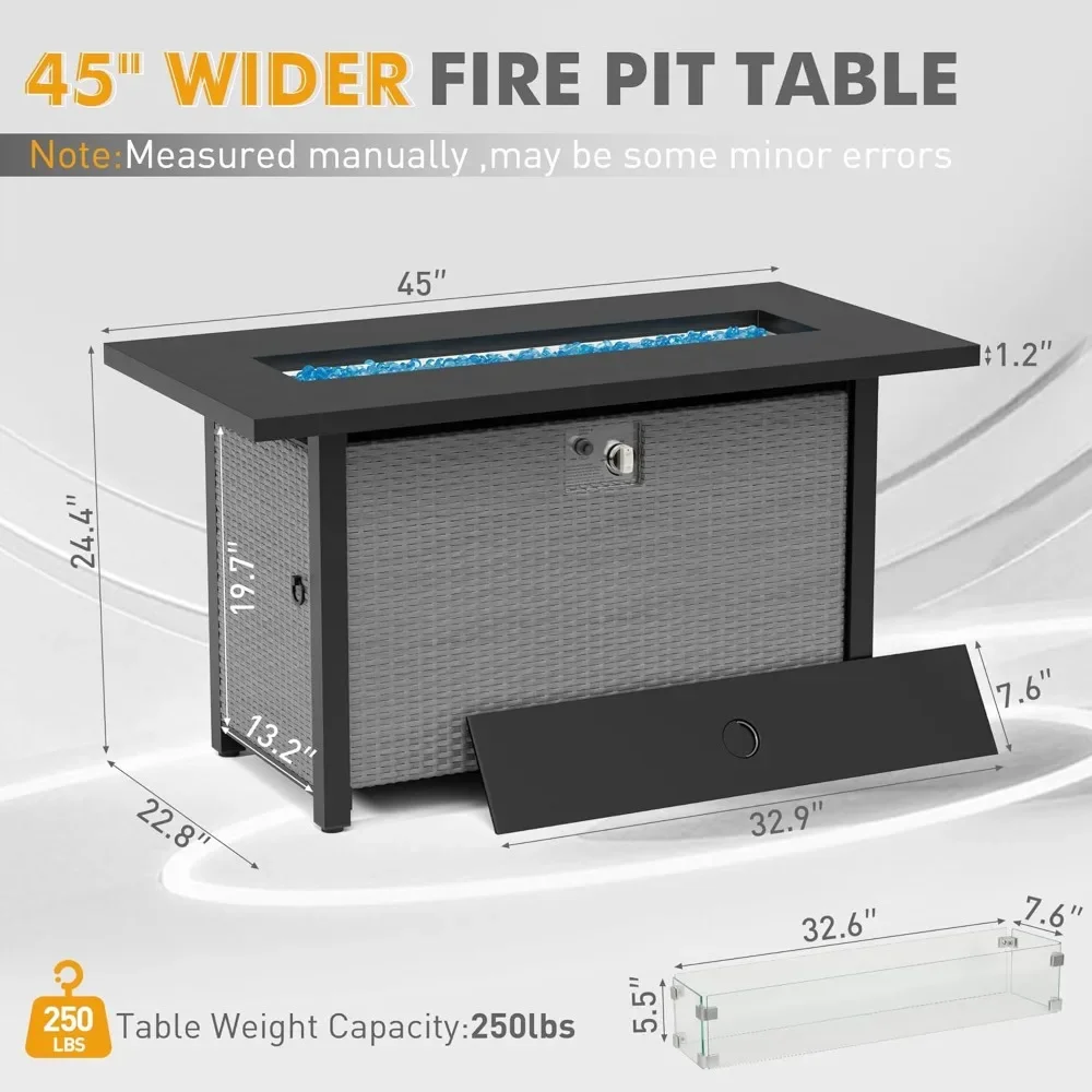 45in Fire Pit Table, Glass Wind Guard, Aluminum Tabletop, Firepit Lid, Blue Glass Rocks, Waterproof Cover, Propane Gas Fire Pit