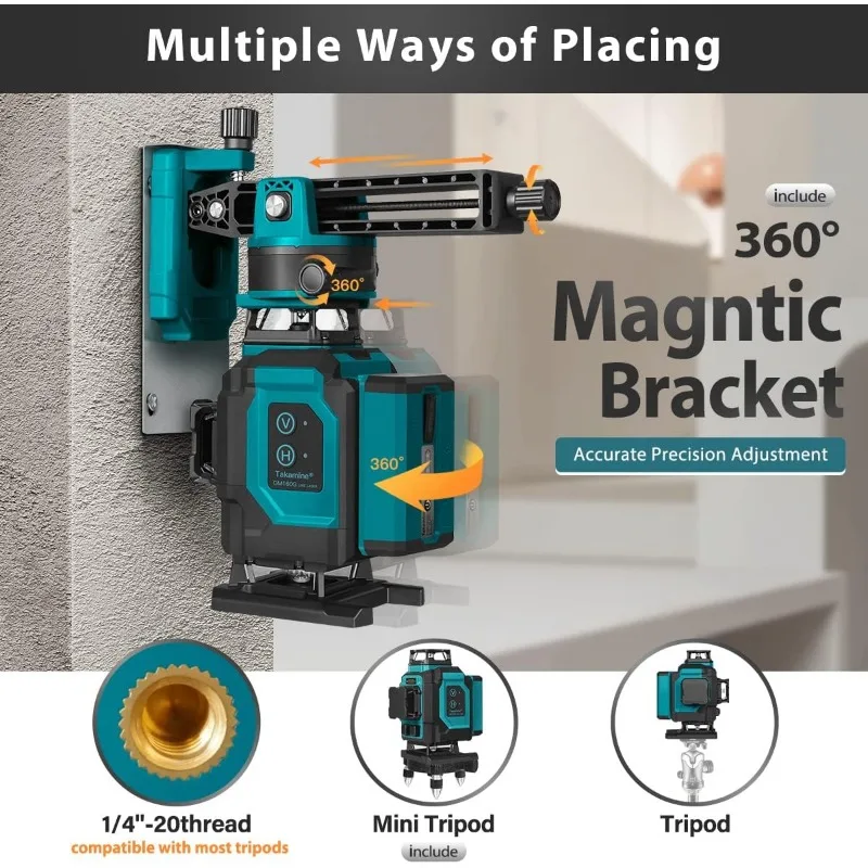 16-линейный лазерный уровень, Красный Зеленый 4x360 4D Профессиональный лазер с двумя вертикальными и двумя горизонтальными линиями на 360 °