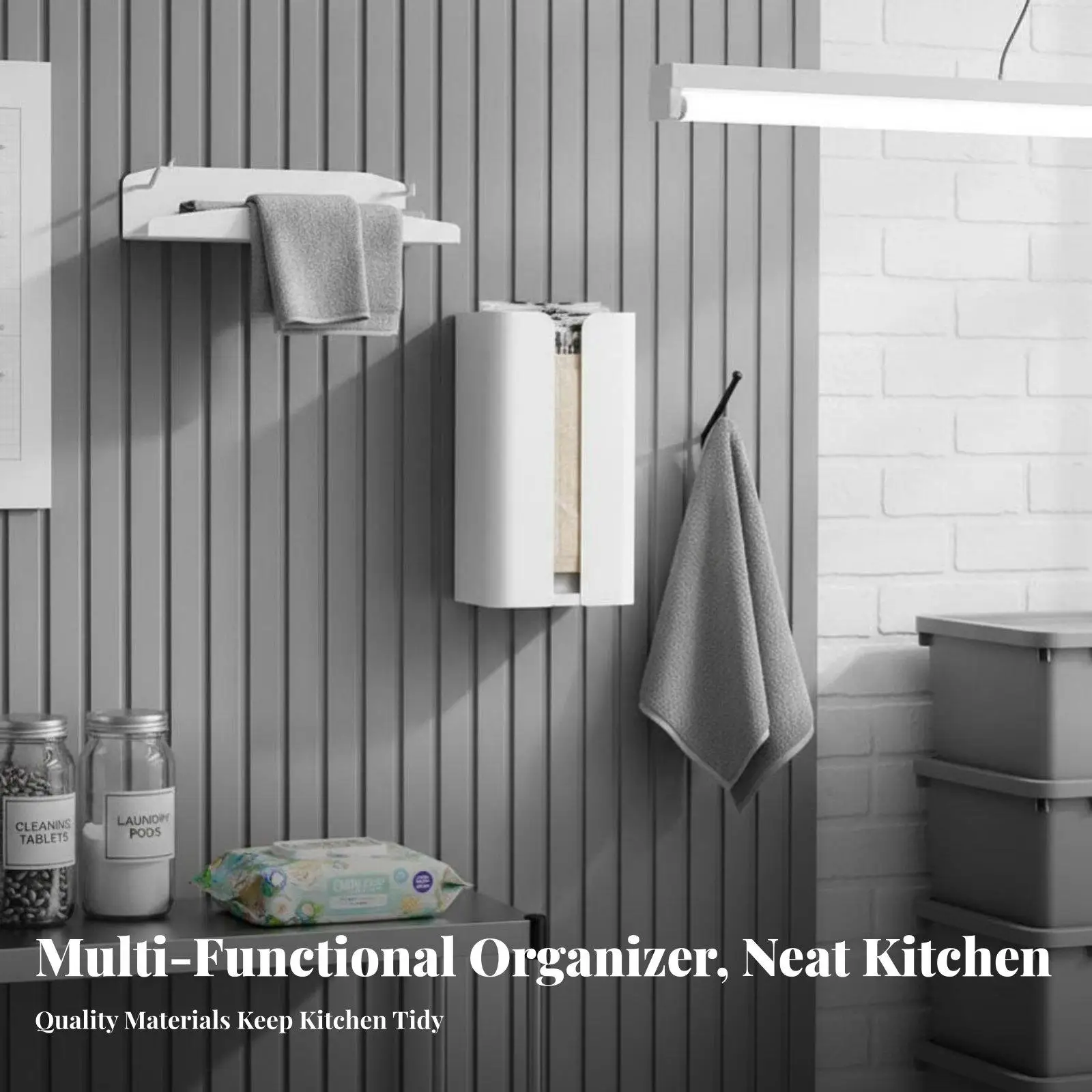 Kitchen Paper Roll Holder with Anti Slip Pads Under Cabinet Mount Storage for Sponge Garbage Bags and Wrap