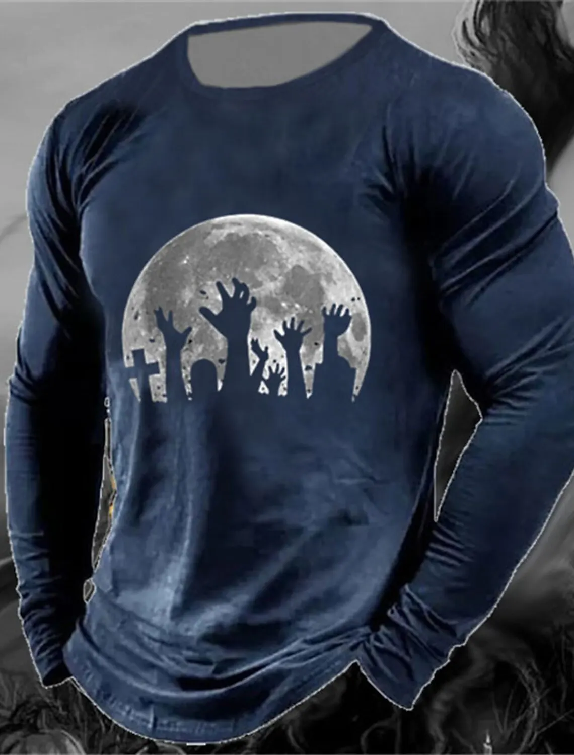 Horror Graveyard 3D Men's Retro Classic Long Sleeve Oversized Top Casual Sports Long Sleeve Outdoor T-Shirt Long Sleeve