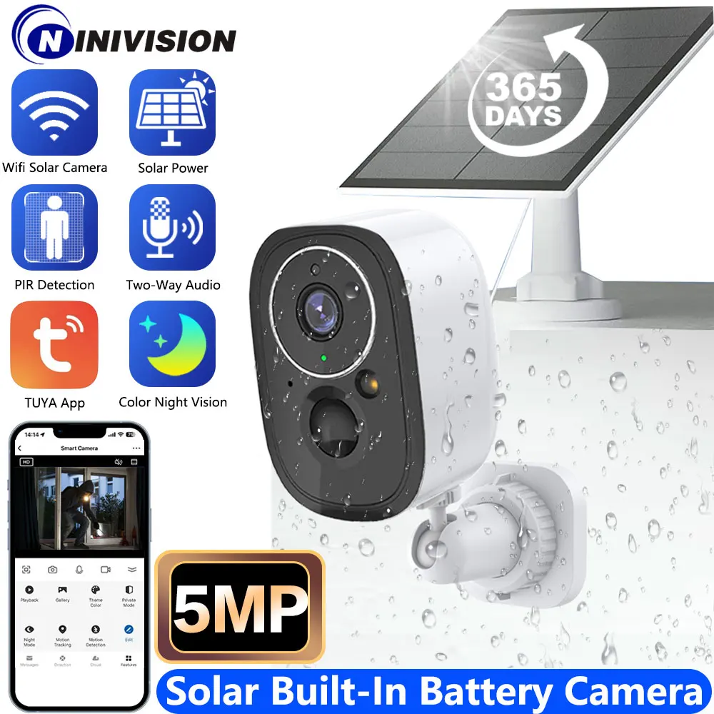 

5MP Tuya WIFI Solar Outdoor PIR Motion Detection Built-In Battery Security CCTV With Solar Panel Surveillance Wireless Camera