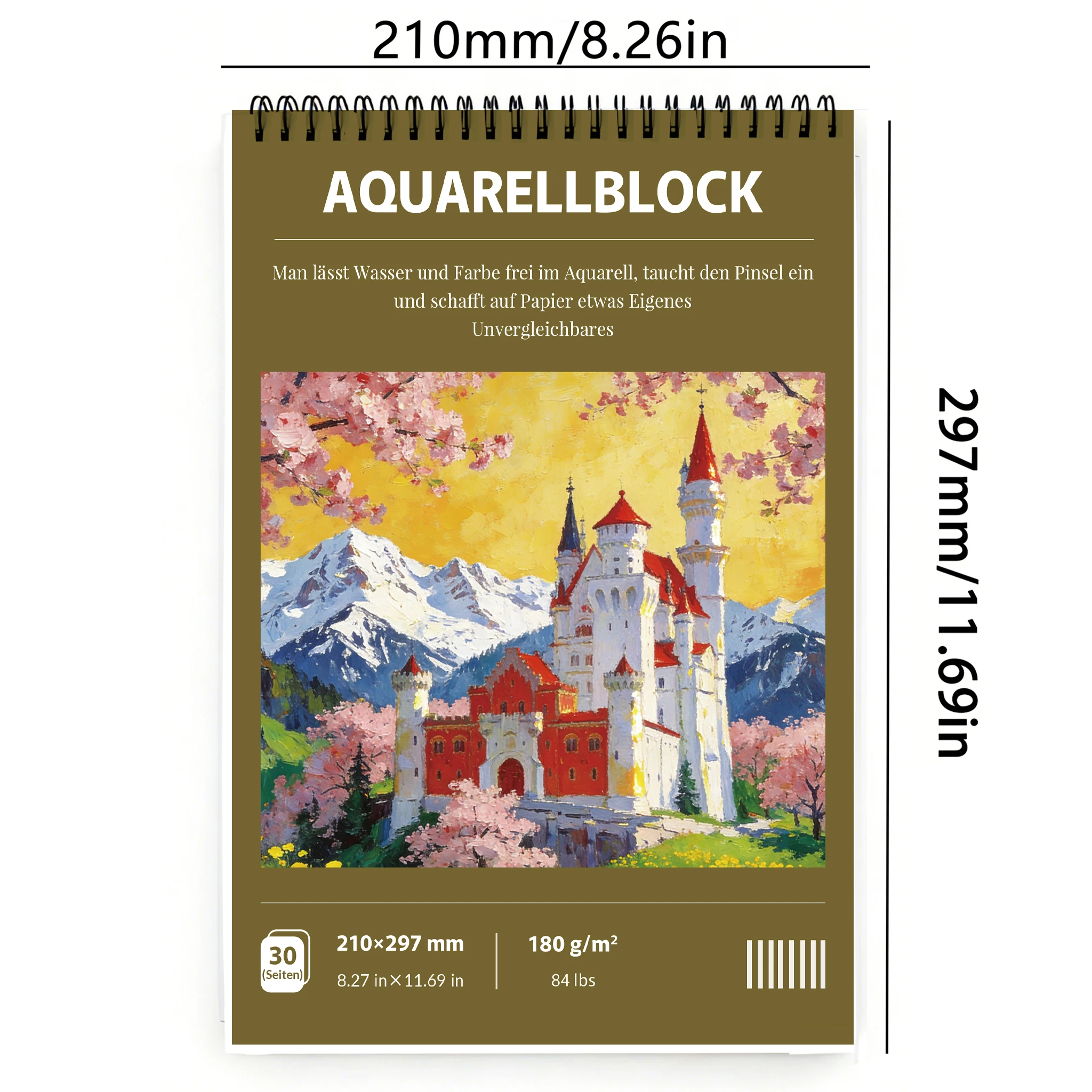 A4  Spiral Watercolor Pad 180gsm, Neuschwanstein Castle Cherry Blossom Cover, 30 Sheets Acid-Free Art Sketchbook for Back to