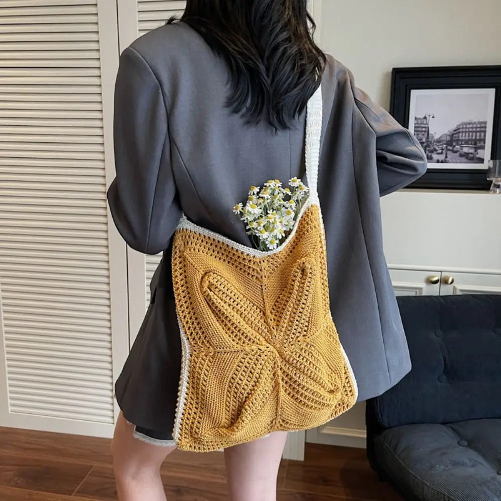 

New Handmade Crochet Bag Leisure Boho Knitted Cross Bag Large Capacity Hollow Weave Tote Bag Travel