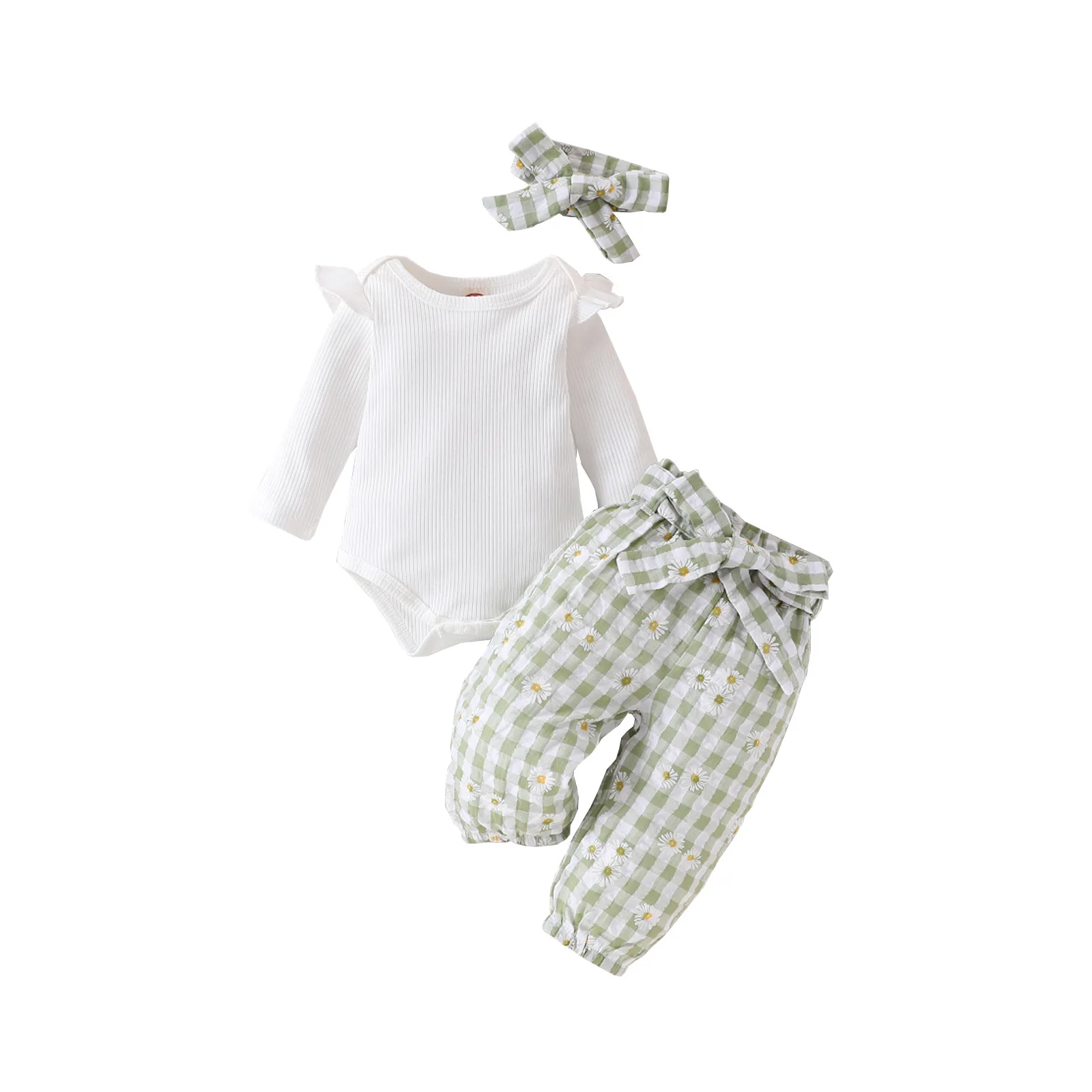 

Infant Baby Girls Spring Fall Long Sleeve Rib Knit Romper with Plaid Print Pants And Headband Outfits for Daily Wear Photography