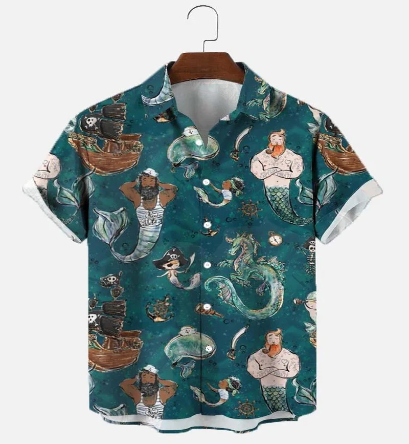 The Mermaid Man Hawaiian Shirt 3D Vintage Printed Hawaiian Shirt for Men and Women Casual Shirt Unisex