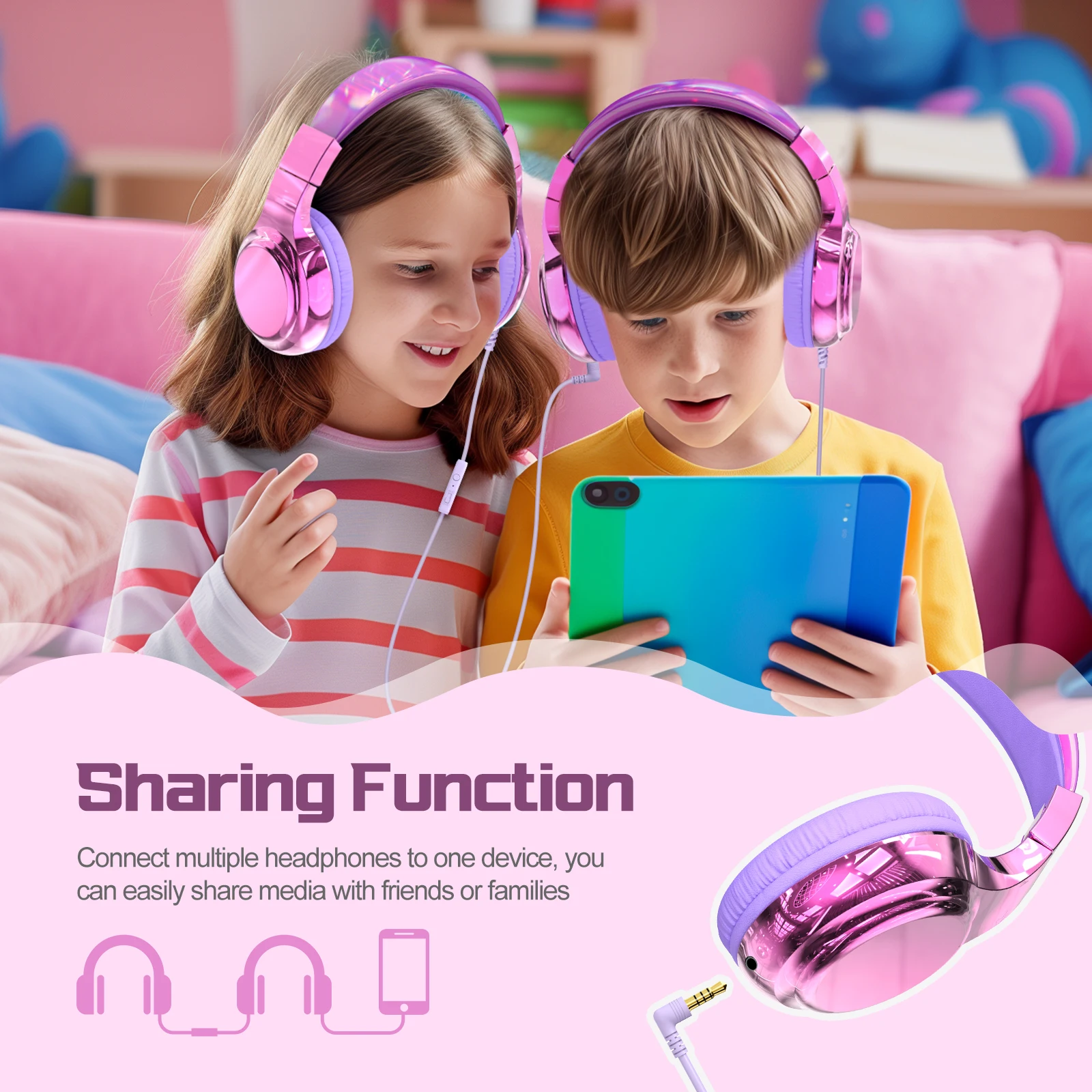 QearFun Nuove cuffie per bambini per la scuola Cuffie cablate con microfono Cuffie con cancellazione del rumore per PC Computer Regalo per ragazze