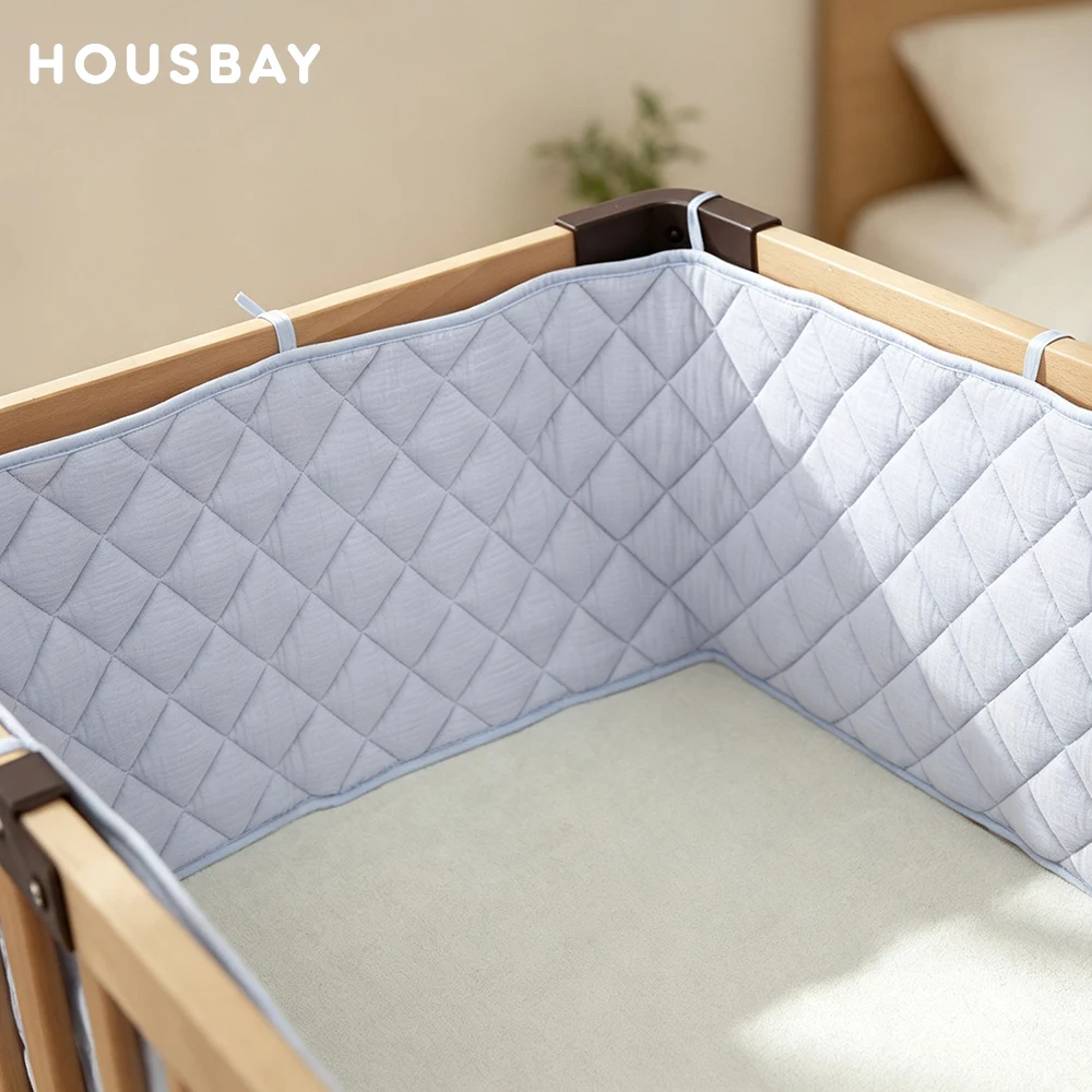 Baby Crib Bumper 360Cm/180Cm Gauze Quilted Breathable Soft Edge Protection Fit 120X60Cm Cot Bed Anti Collision Cushion Blue