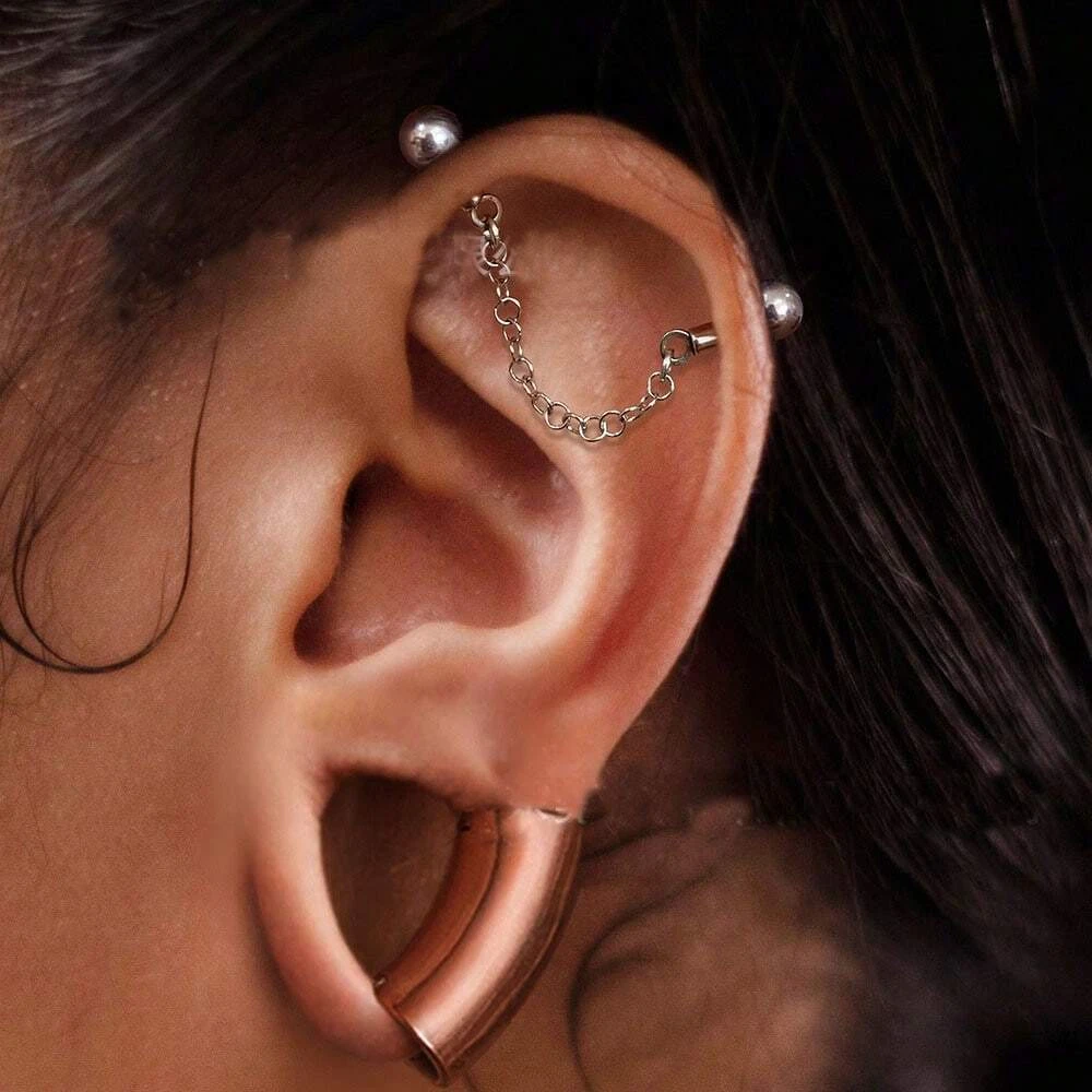 1PC Stainless Steel Chain Floating Industrial Piercing Industrial Barbell Cubic Zirconia Ball Ear Piercing Body Jewelry 14G