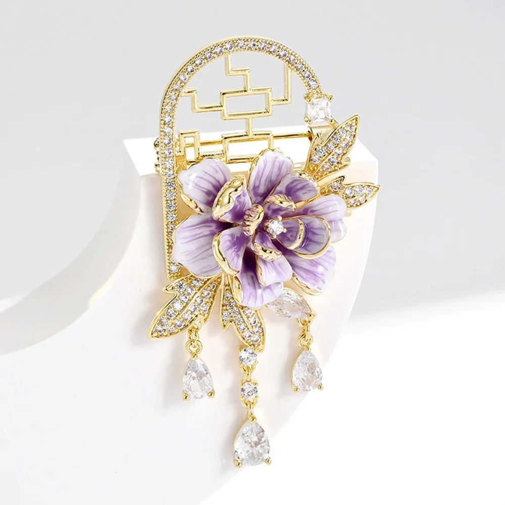 Classical Enamel Peony Flower Brooch Zircon Tassel Brooches for Women Cheongsam Accessories Chinese Style Window Pin