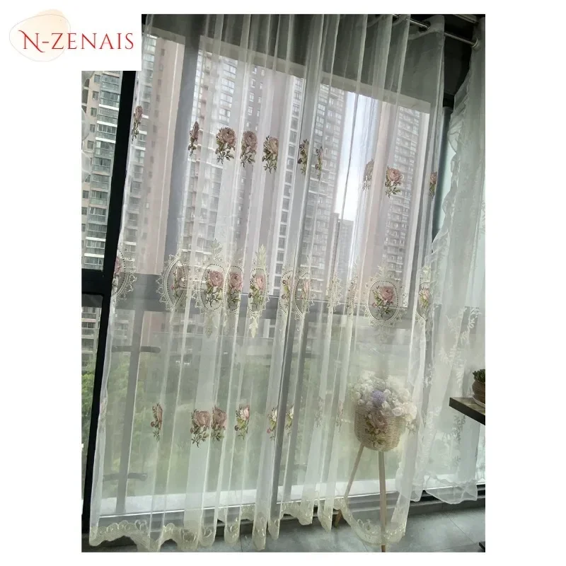 Cortina de tul de peonía de lujo para sala de estar, cortinas de gasa transparente con bordado de flores elegantes europeas para decoración de