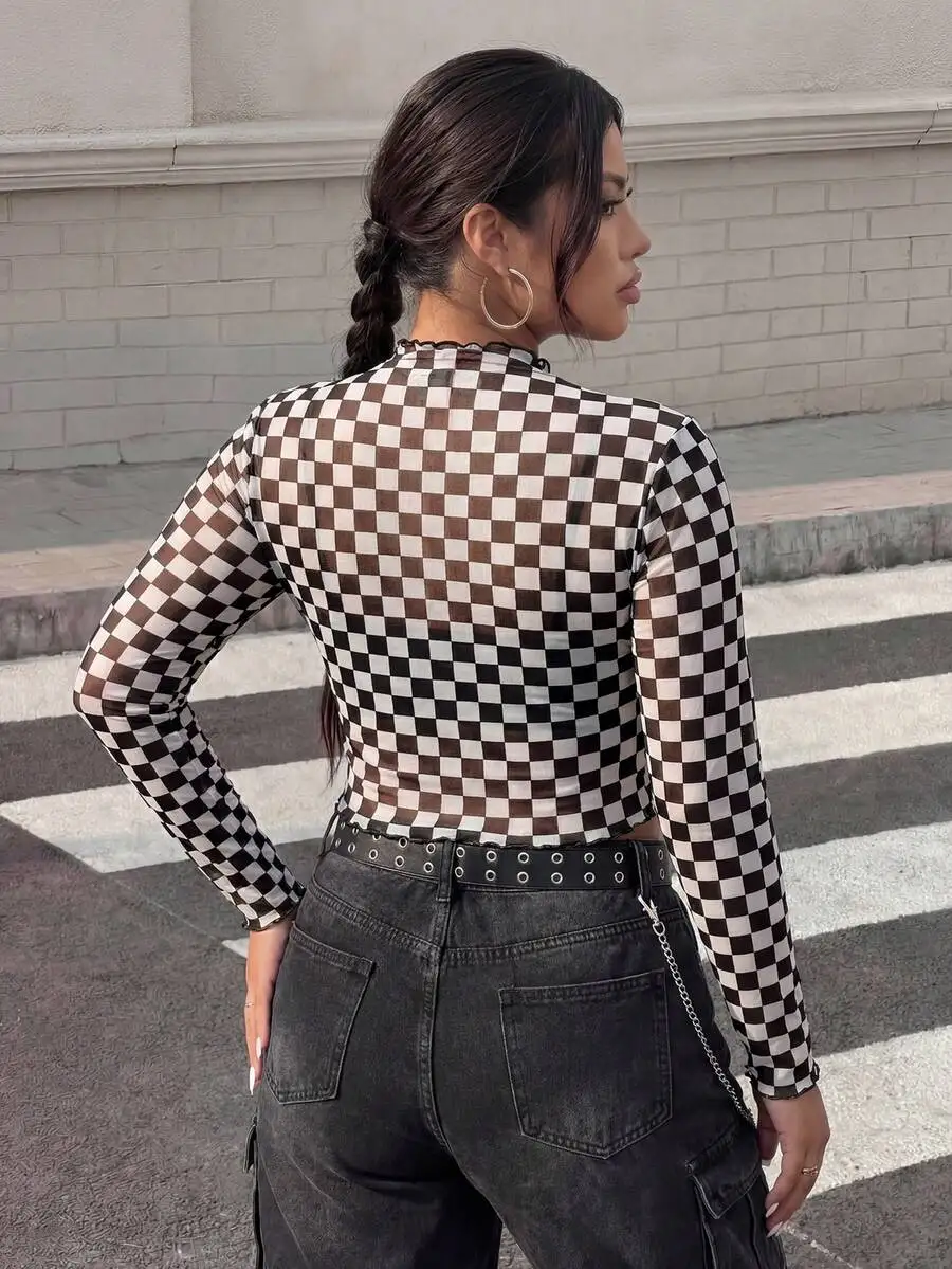 Checker Print Lace Trim Crop Top Long Sleeve Sheer Women Summer