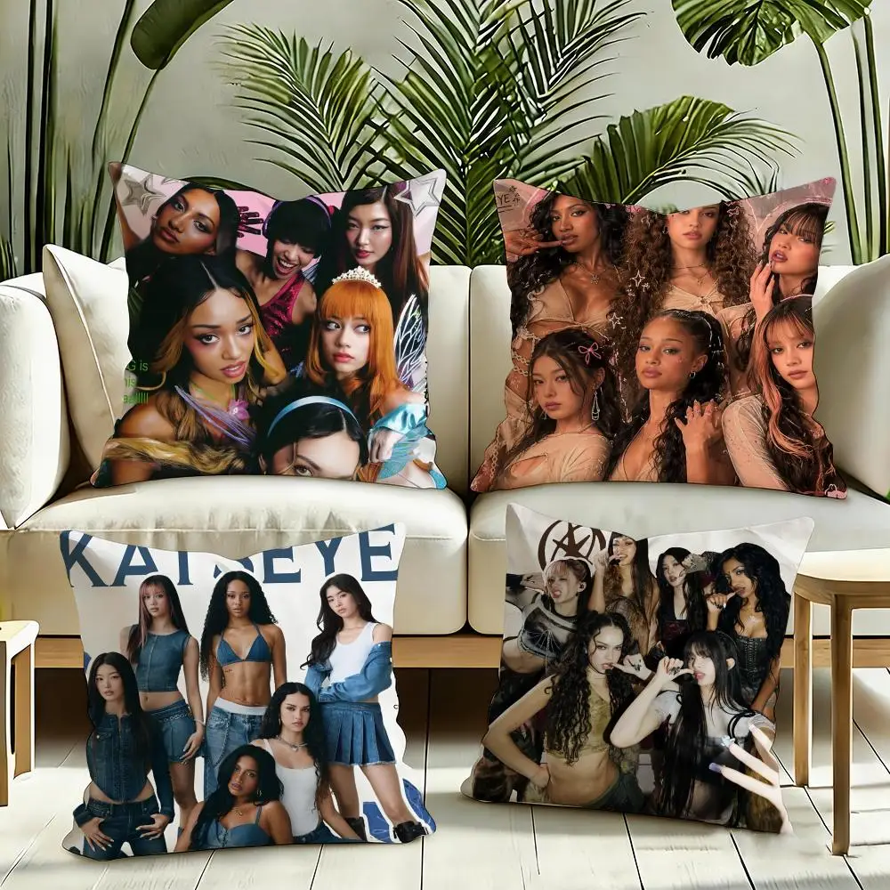 Band K-Katseye Cushion Cover Silky Short Plush Invisible Zipper Dustproof Sofa Pillow Case for Home Decor