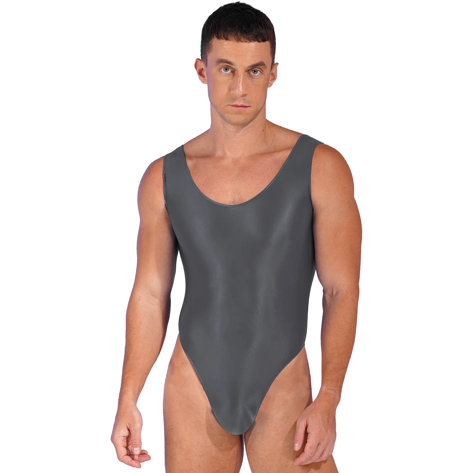 Swimming Suit for Mens One Piece High Cut Sleeveless Leotard Bodysuit Glossy Backless Swimwear Swimsuit Sports Yoga Fitness