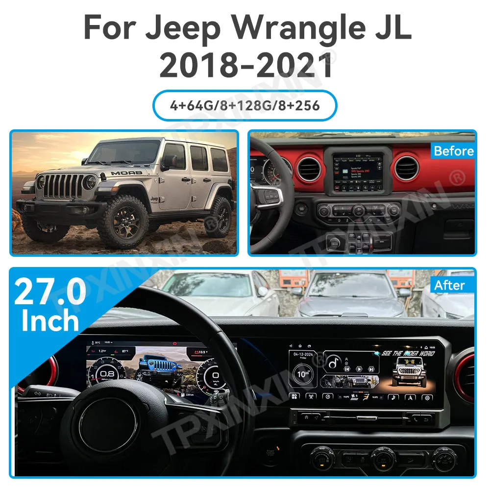 27 Inch Digital Cluster For Jeep Wrangler JL Gladiator 2018-2021 Car Video Player Multimedia Android GPS Navi CarPlay Head Unit