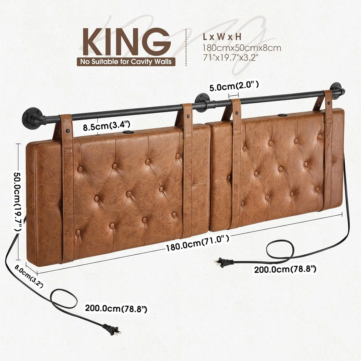 GREENSTELL Wall Mount Headboard with USB for King Size Bed, PU Leather Headboard Only, Industrial Pipe Modern Style, Brown Hangi