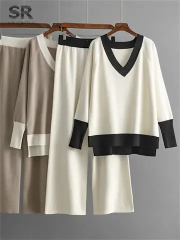 SINGREINY Casual Multicolor Loose Sets V Neck Sweater+Solid Wide Legs Long Pants Autumn Winter Women Knitwear Thick 2pc Suits
