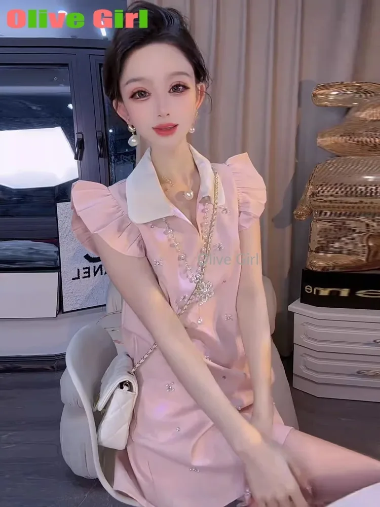 Olive Girl Dress Women's Clothing Summer 2025 French Elegant Flying Sleeves Diamond Inlaid High-end  Slim Short Dresses