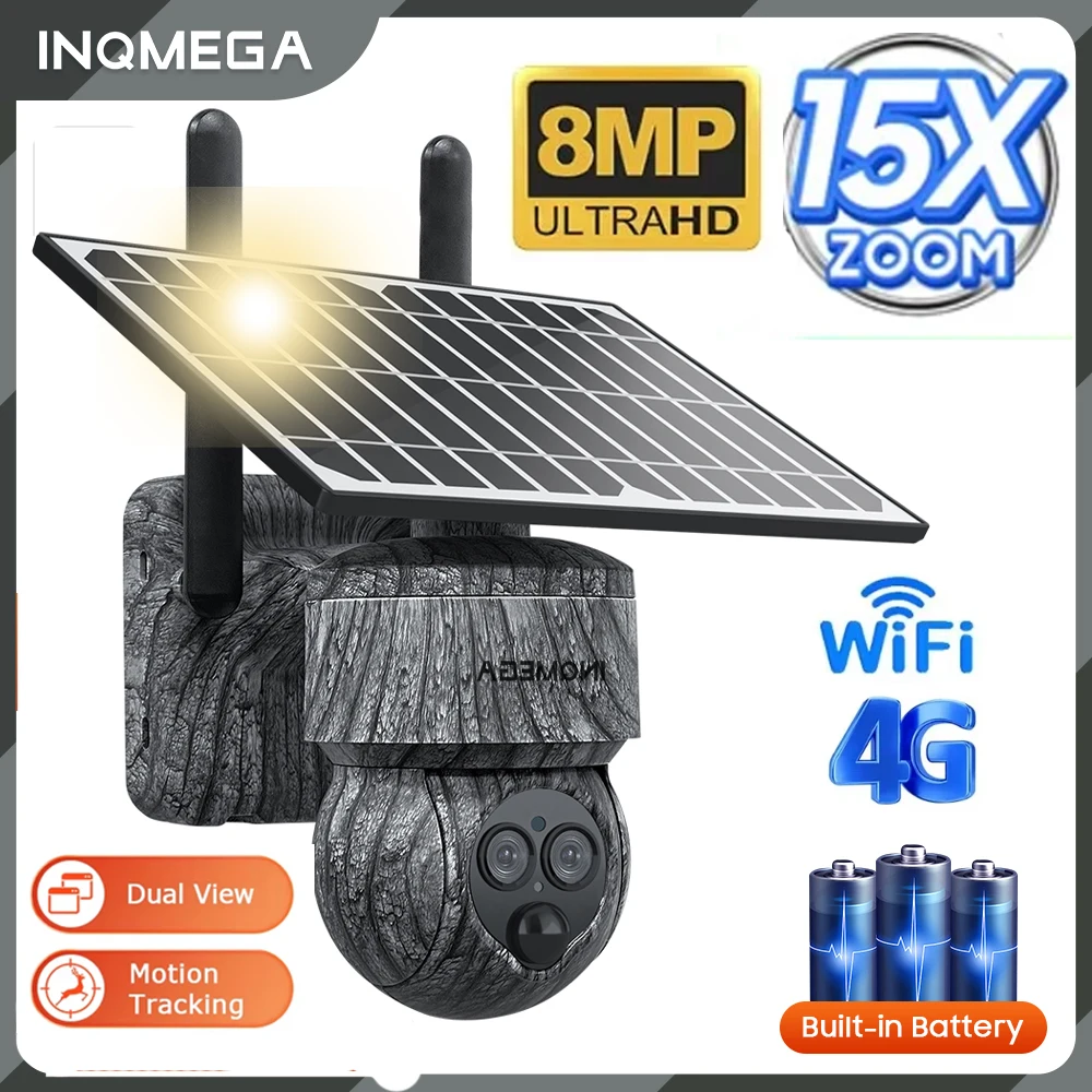 INQMEGA 15X 8MP 4G with solar panels color night vision real-time monitoring of personnel and animals outdoor surveillance camer