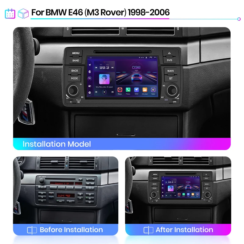 Radio de coche Junsun de 7 pulgadas con Android para BMW E46 M3 318 320 325 330 335, multimedia inalámbrico, CarPlay, Android Auto, estéreo, WiFi, GPS, Navi, SWC, 4G-LTE, Bluetooth, pantalla táctil multimedia, unidad principal. 3