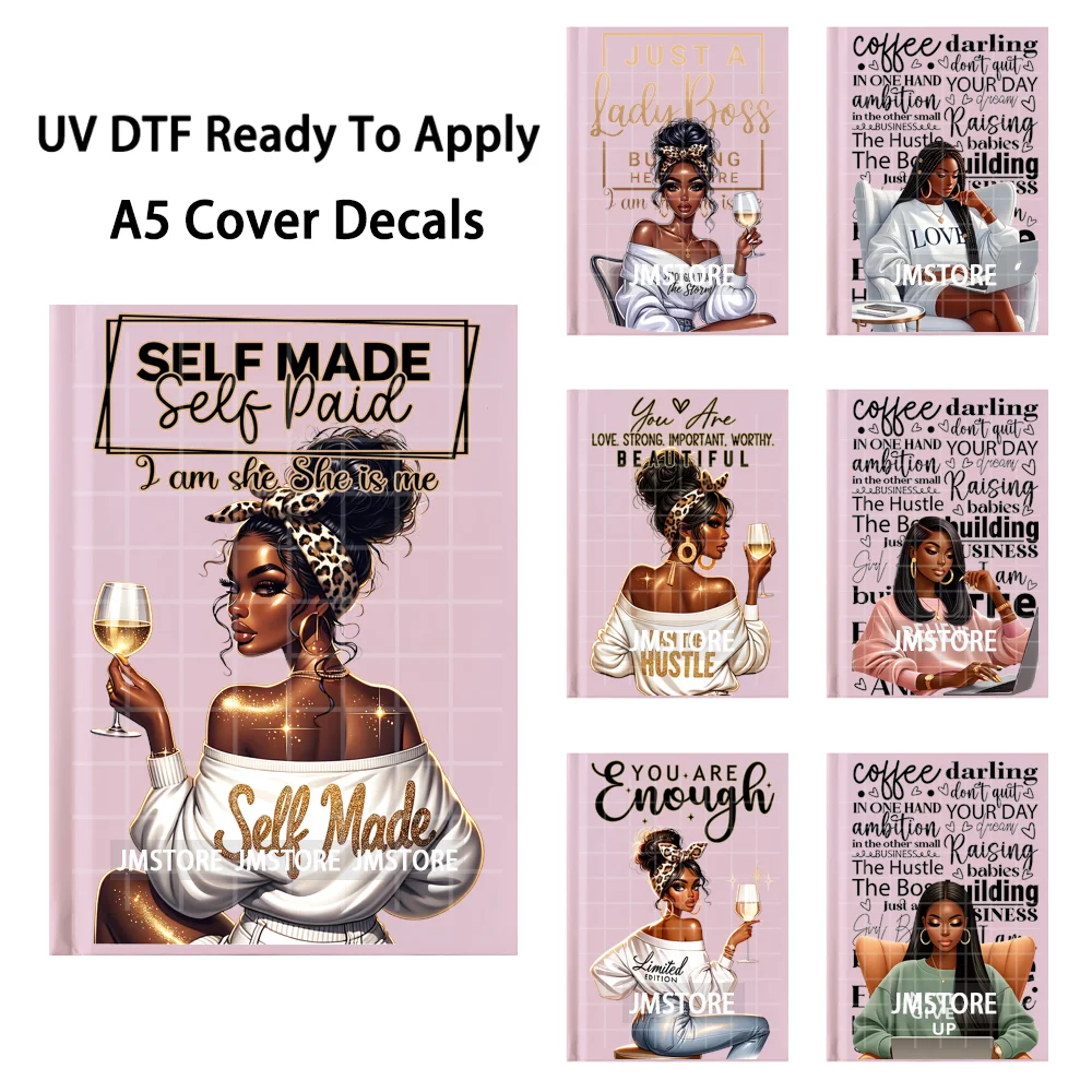 

Black Girl Afro Lady Affirmations UV DTF Notebook Cover Decals Ready To Apply Durable Transfer Stickers For A5 Journal Cover