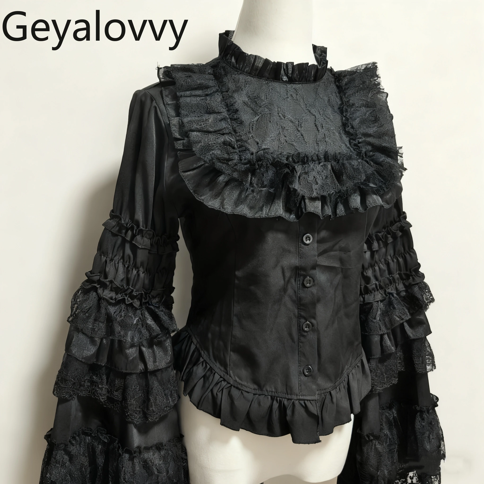 เสื้อสไตล์ยุค Y2K กอธิค ขาวดำ ลอลิต้า หรูหรา แนวเจ้าหญิง แต่งลูกไม้ แขนยาว สำหรับฤดูใบไม้ผลิและฤดูใบไม้ร่วง คอตั้ง สไตล์ลำลอง