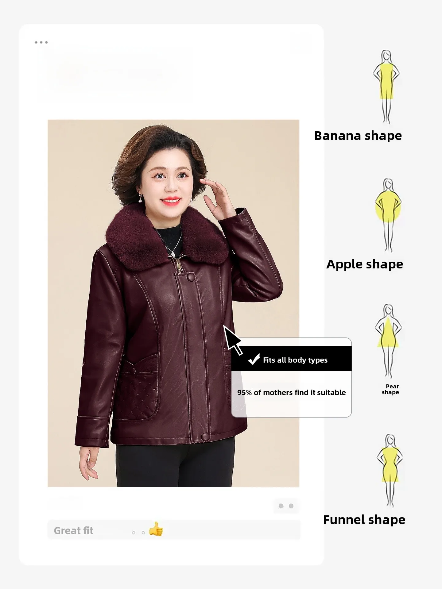 中年女性向けの厚手の綿ジャケット、冬用暖かいファッショナブルな長袖コート、洗濯不要のレザー素材。