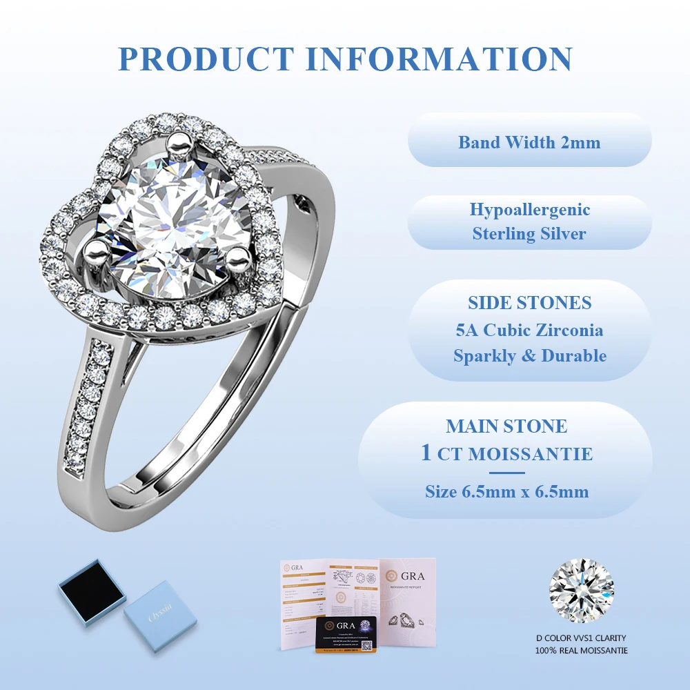 

CLYSSIA D Color VVS1 Heart Moissanite Ring Fine Jewelry for Anniversary Engagement Bridal Wedding Gift Luxurious Memorial Design
