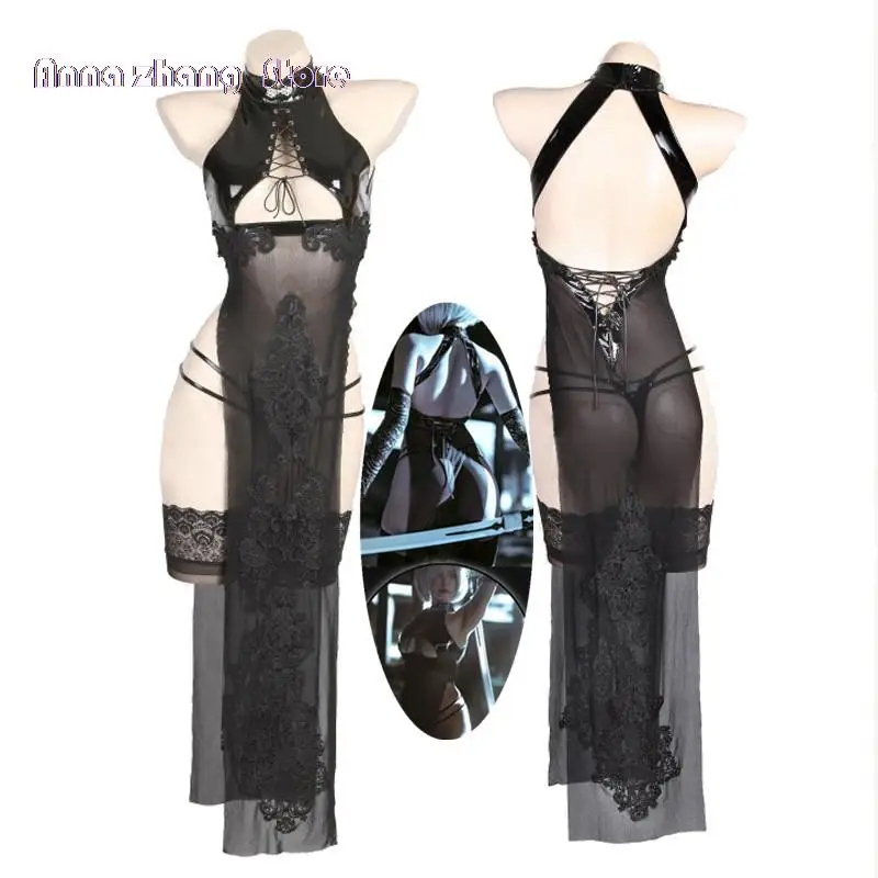 Game NieR Automata 2B Swimsuit Dress Costume Women Sexy Sukumizu Turtleneck Cheongsam Swimwear Set Stcokings Cosplay