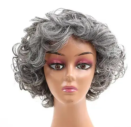 Synthetic Hair Mix Color for Women Heat Resistant Fiber Daily Short Curly Wigs Gray Fluffy Layered with Bangs