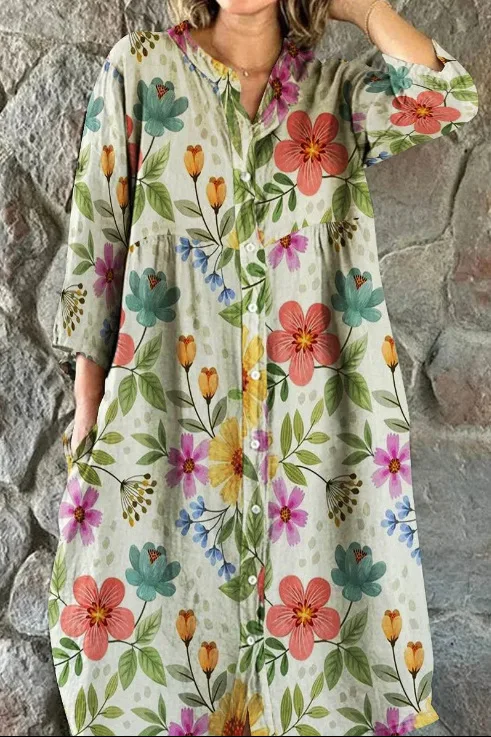 Abito con stampa retrò da donna bohemien allentato monopetto da donna abiti casual tascabili primavera estate abiti floreali a maniche lunghe