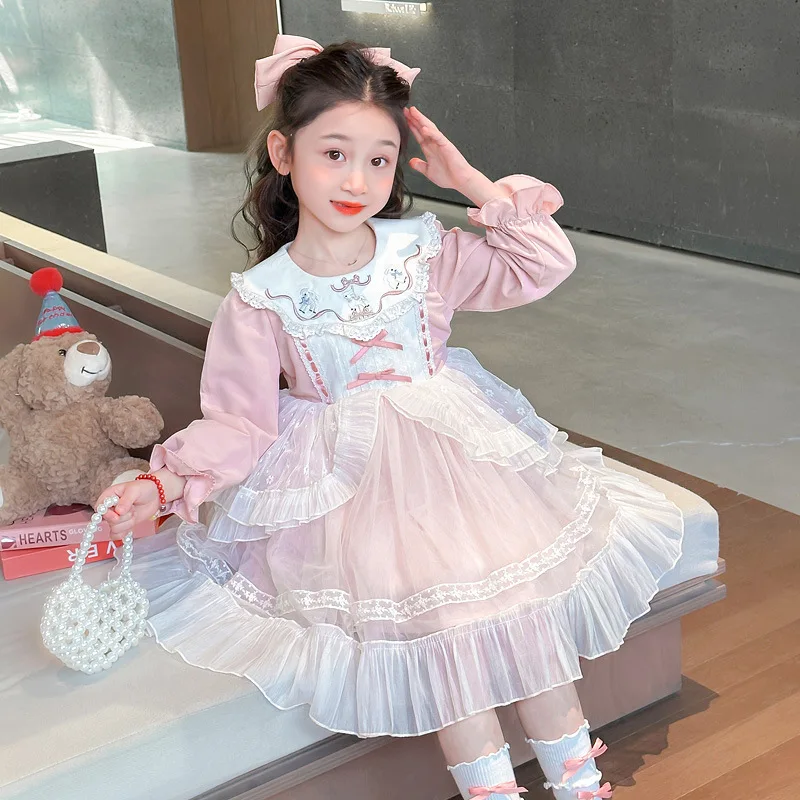 

Весенне-осеннее платье в стиле Лолита для девочек, милое платье с длинными рукавами, кружевная многоярусная юбка с воротником Питер Пэн, пышная юбка, подарок на день рождения