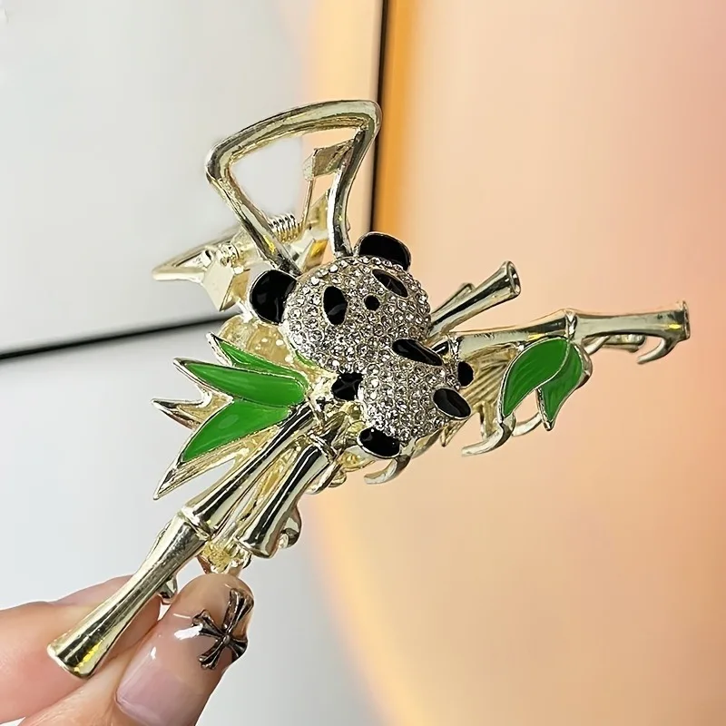 1pc Chinesischen Stil Panda Bambus Haar Clip Modische Niedliche Kleine Bär Wasser Diamant Haarnadel frauen Klaue Stil Haar Clip – Detail 5