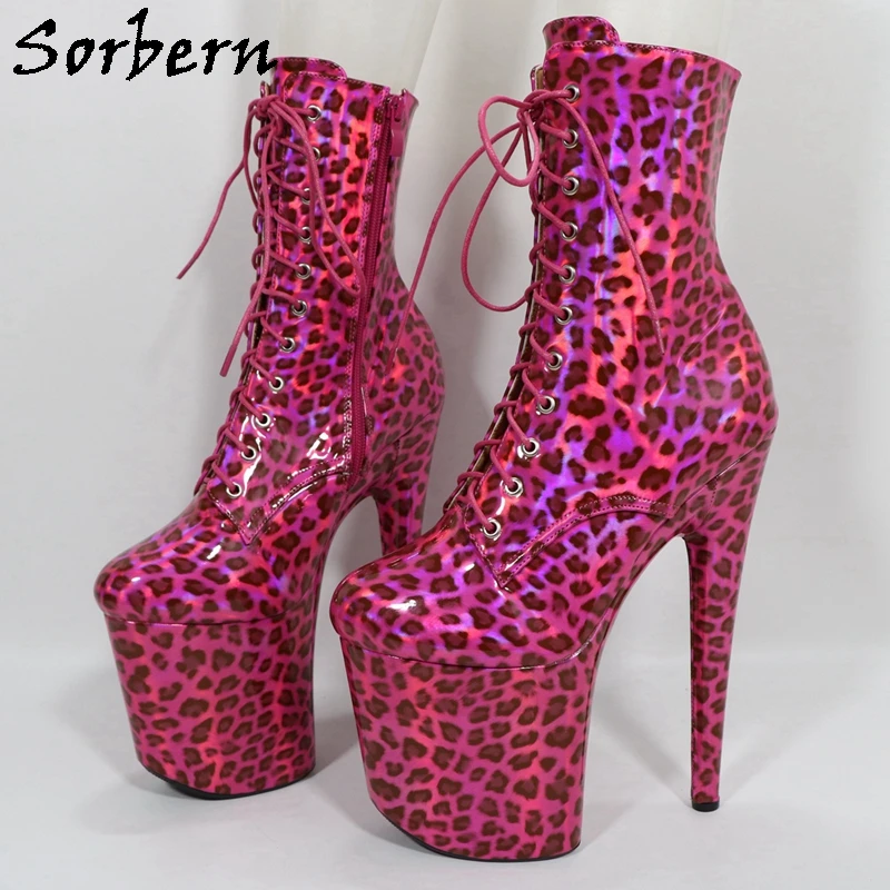 Sorbern Hot Pink Leopard Lace Up Women Boots Pole Dancer Stripper High Heels 20Cm Customized 17Cm 15Cm 23Cm