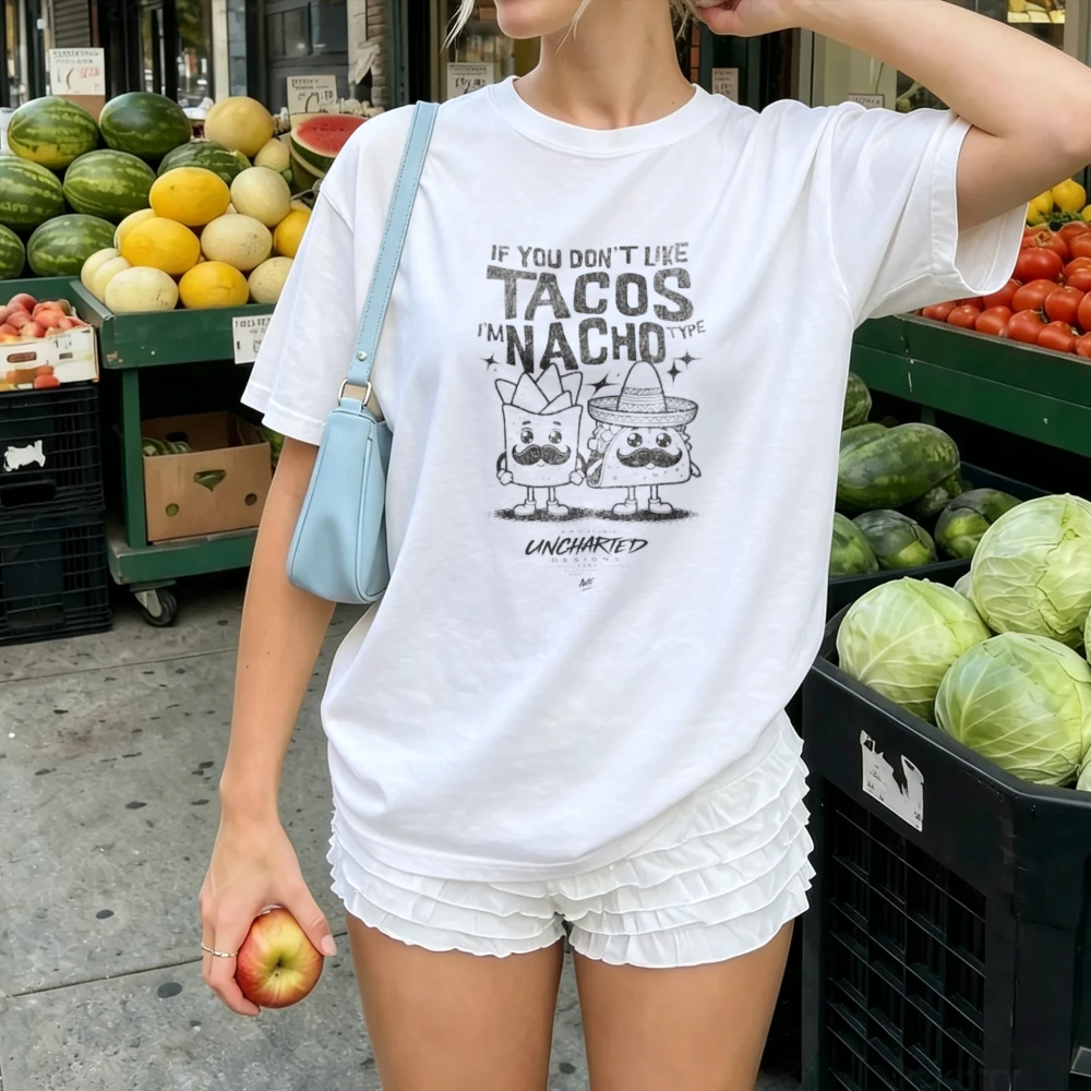 If You Don’t Like Tacos I’m Nacho Type Distressed Vintage Cartoon Mustache Taco Nacho Character Print Women Cotton Tee Funny Top