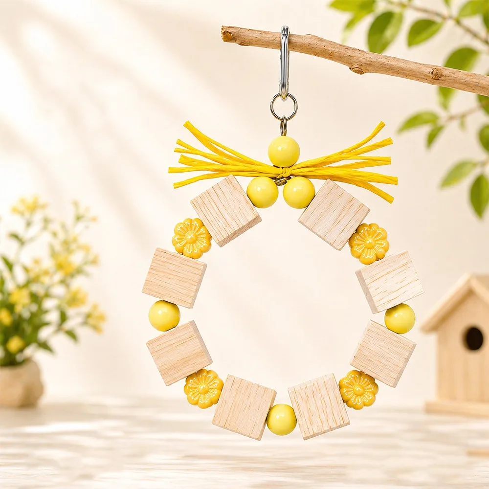 Ring-shaped Wooden Parrot Chewing Toy Bite Resistant Colorful Beads Beak Grinding Toy Chewing Exercise Wear Resistant