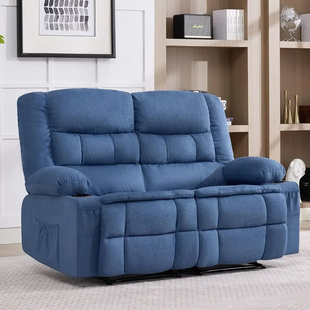 Blue 2-Seater Traditional Manual Reclining Sofa with Cup Holders and Side Pockets for Living Room, RV, or Home Theater