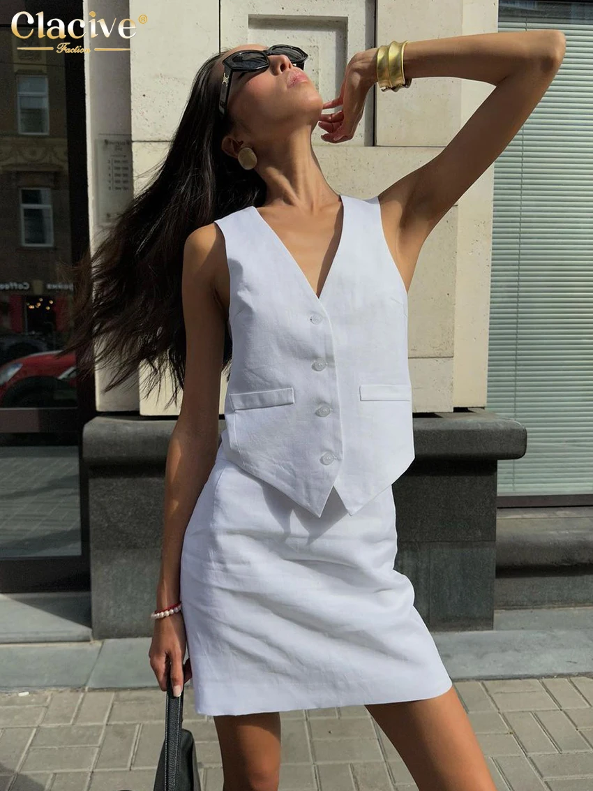 Clacive Sexy Slim White Cotton 2 Piece Sets Women Outfit 2024 Summer Sleeveless Tank Top With High Waist Mini Skirts Set Female