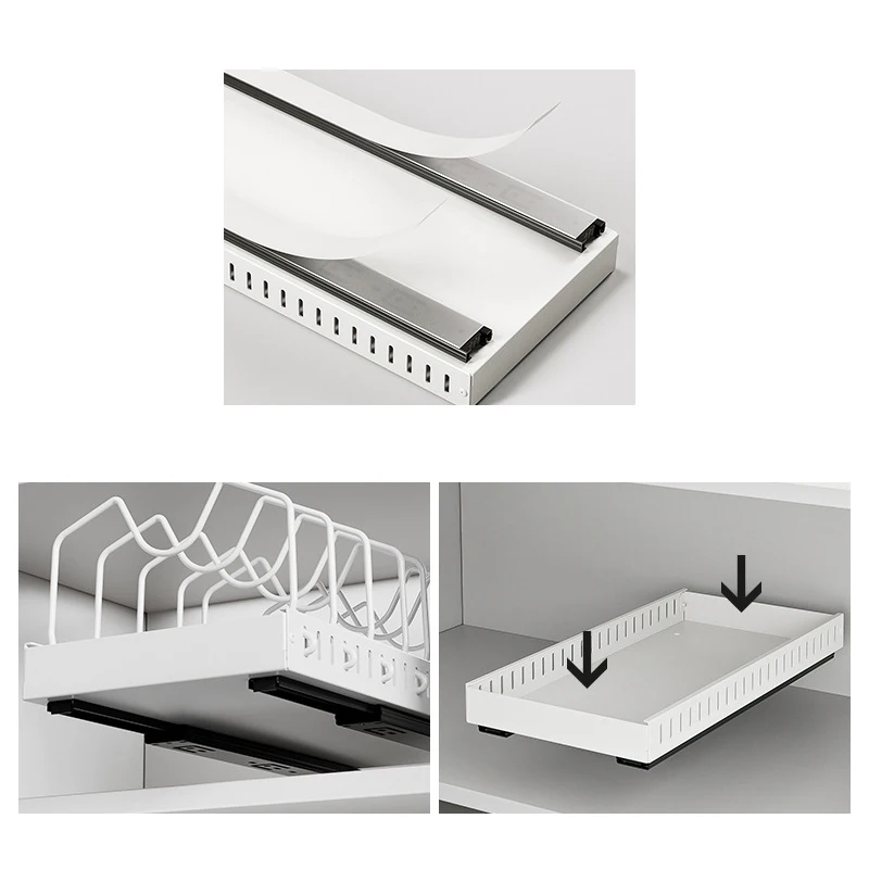 المطبخ سحب للخارج رف أوعية قابل للتعديل خزانة صواني أطباق التقسيم الرف مع القضبان الشريحة درج منظم رفوف تخزين