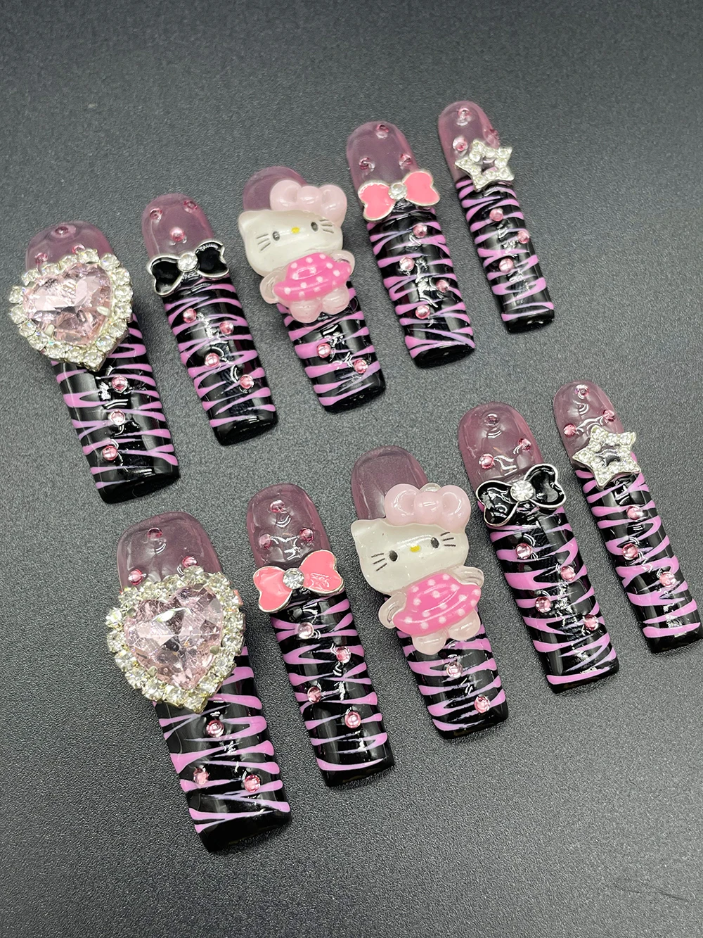 

10Pcs 4.3Cm Long Square Hello Kittty Y2K Handmade Press On Nails Pink Zebra Stripes Heart-Shaped Diamond Bow Stars False Nails